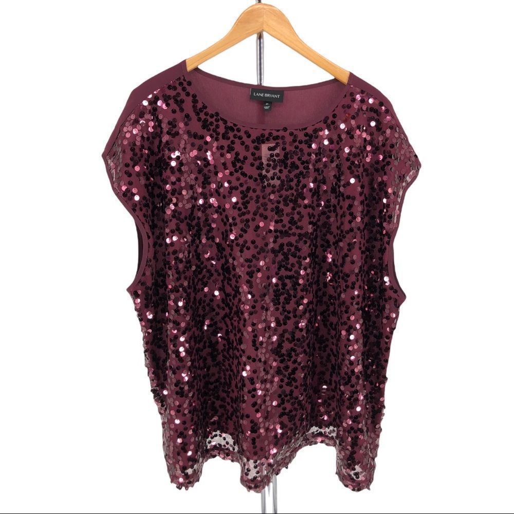 Lane Bryant Sequin Top Cap Sleeves Burgundy Blouse NWT
